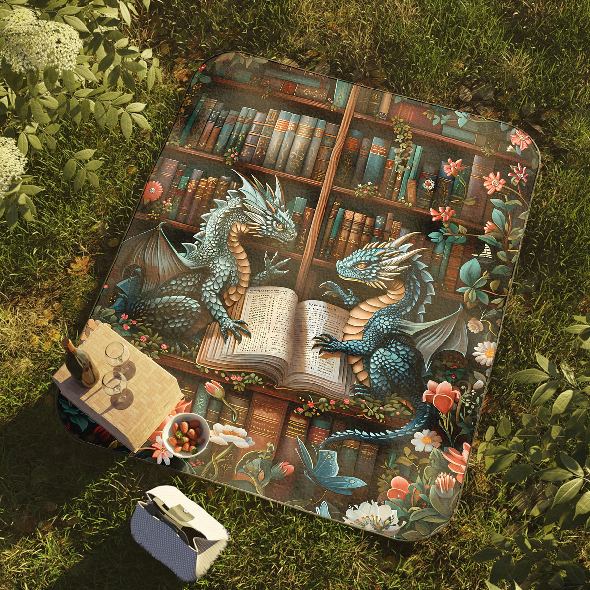 a book with a dragon on it laying in the grass