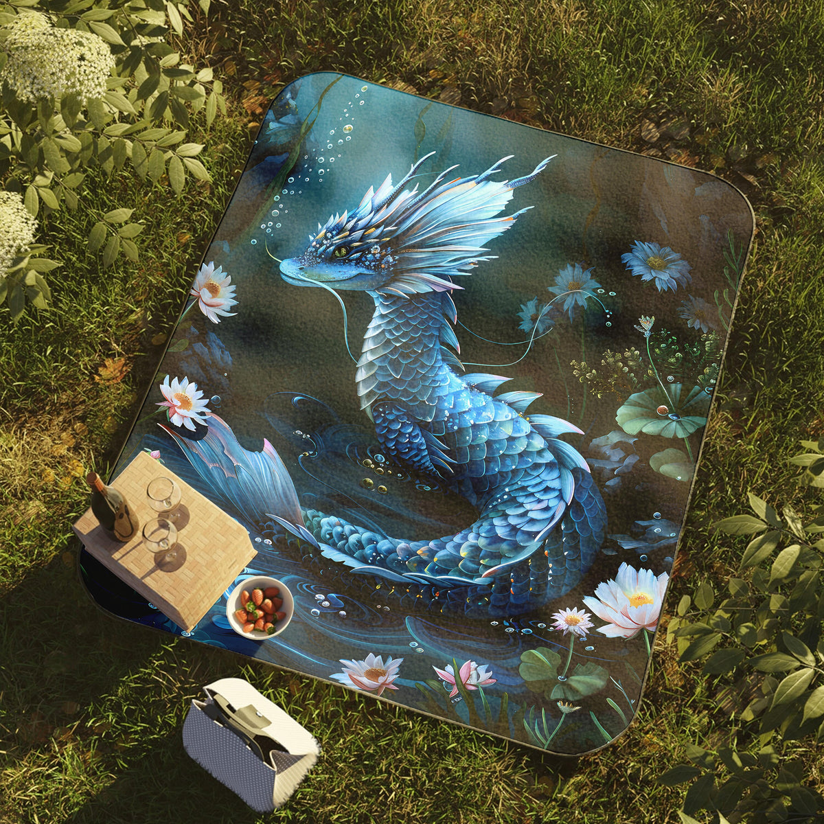 a painting of a blue dragon sitting on top of a grass covered field