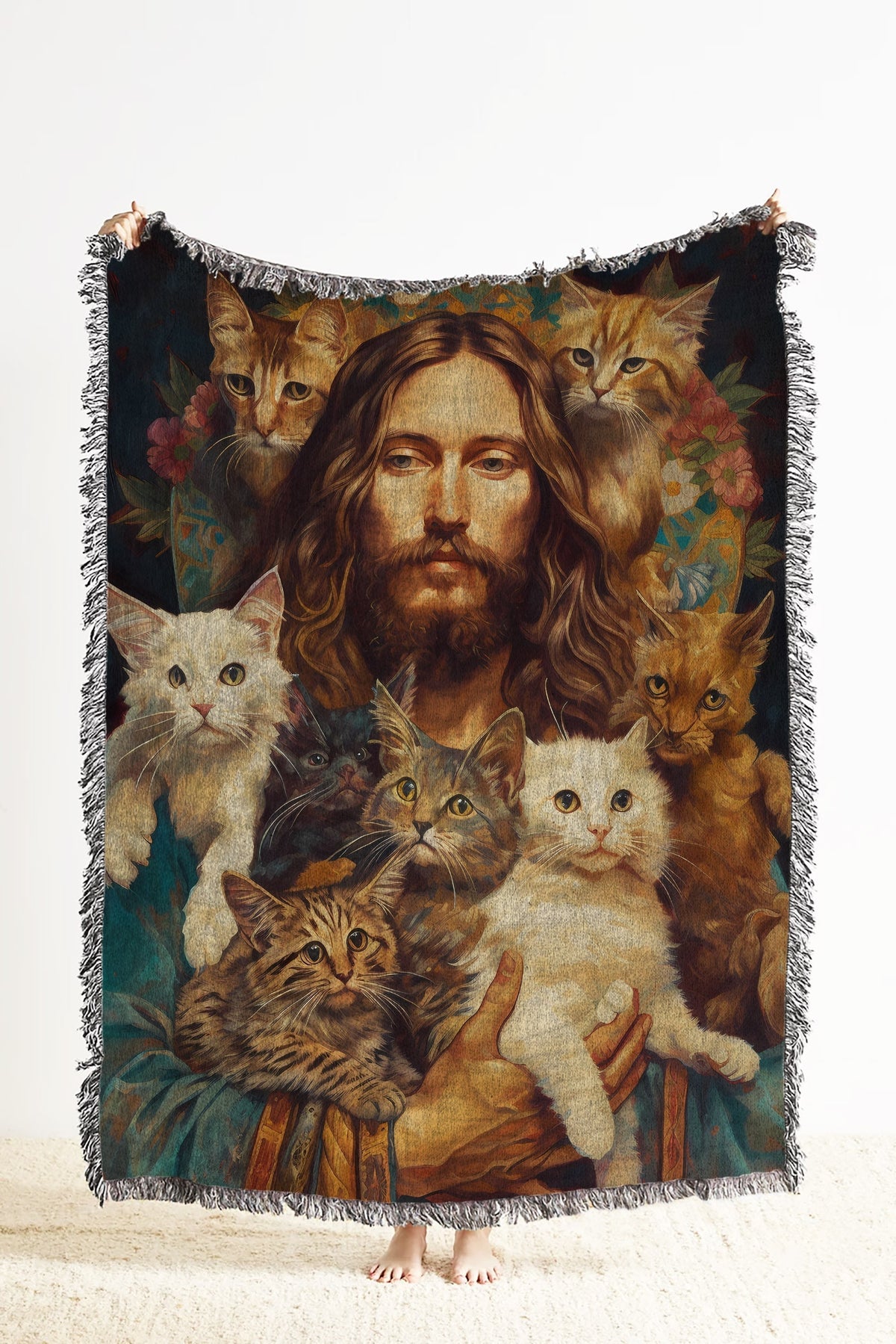 Hippie Jesus Holding Cats  Throw Blanket
