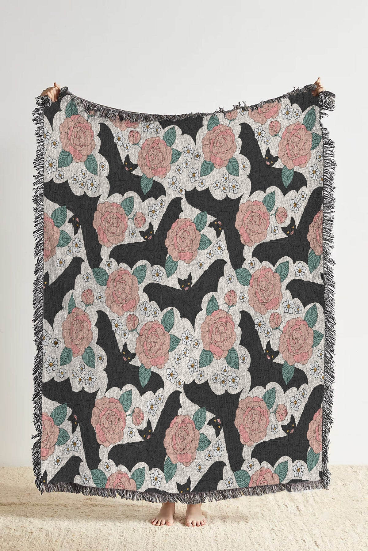 Black Bats and Roses Throw Blanket