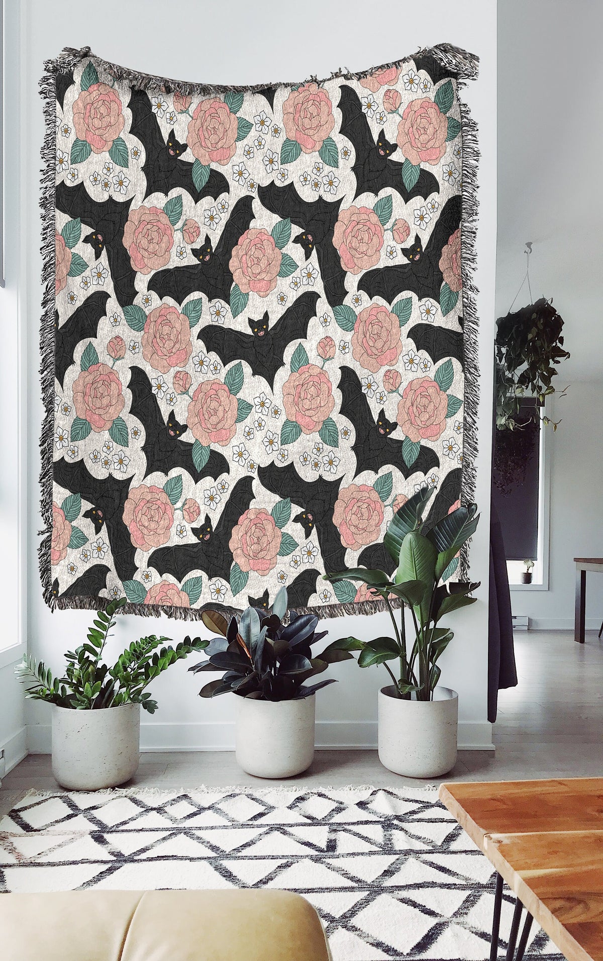 Black Bats and Roses Throw Blanket