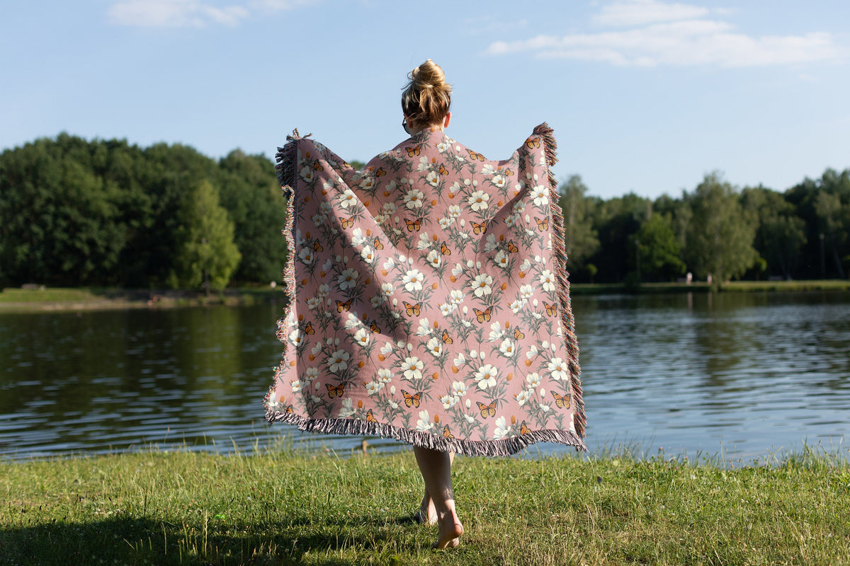Pink Floral Butterfly Throw Blanket