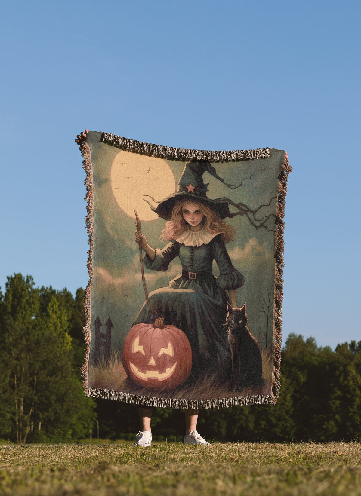 Black Cat Witch Throw Blanket